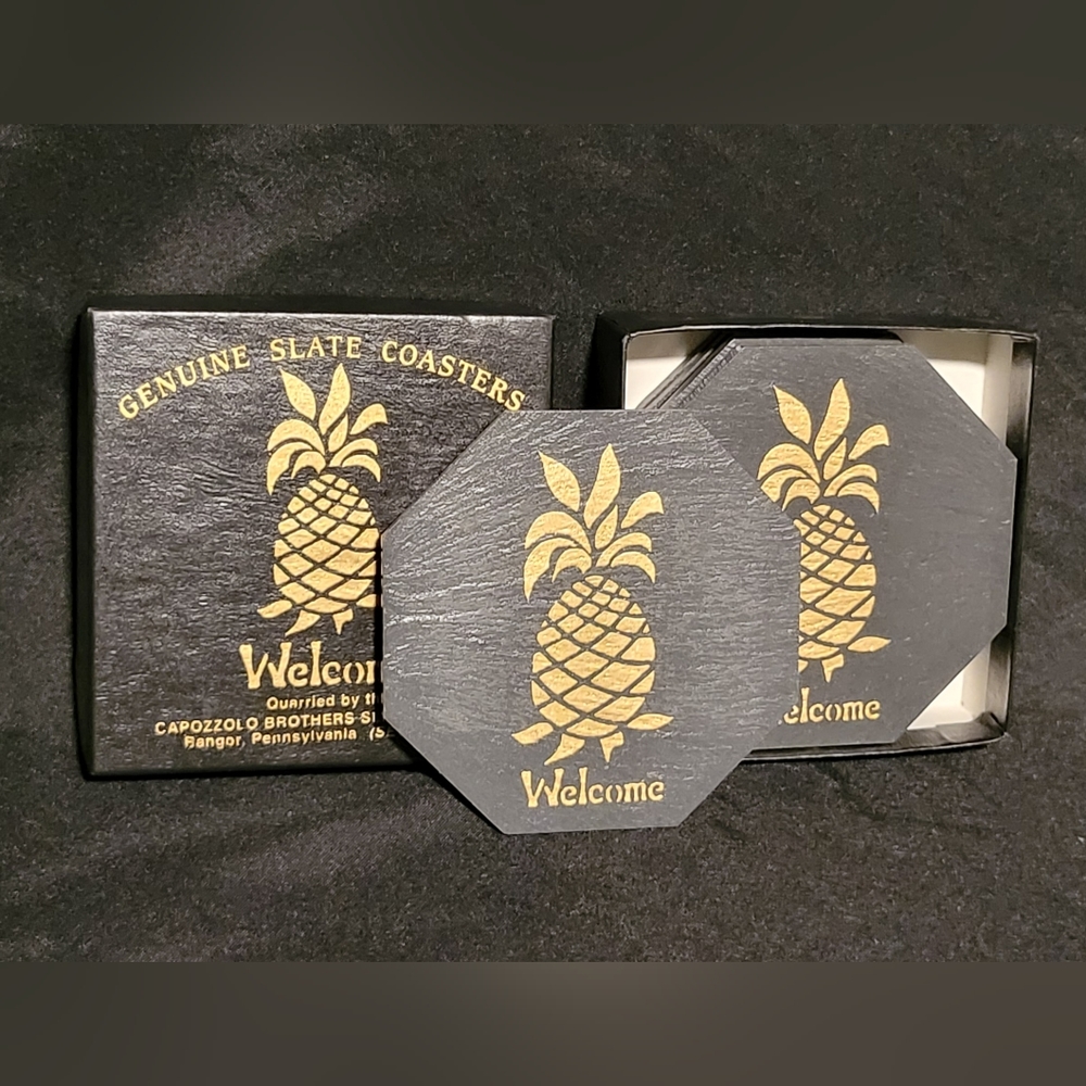 New in box Set of 6 Pennsylvania Slate Coasters Welcome Pineapple